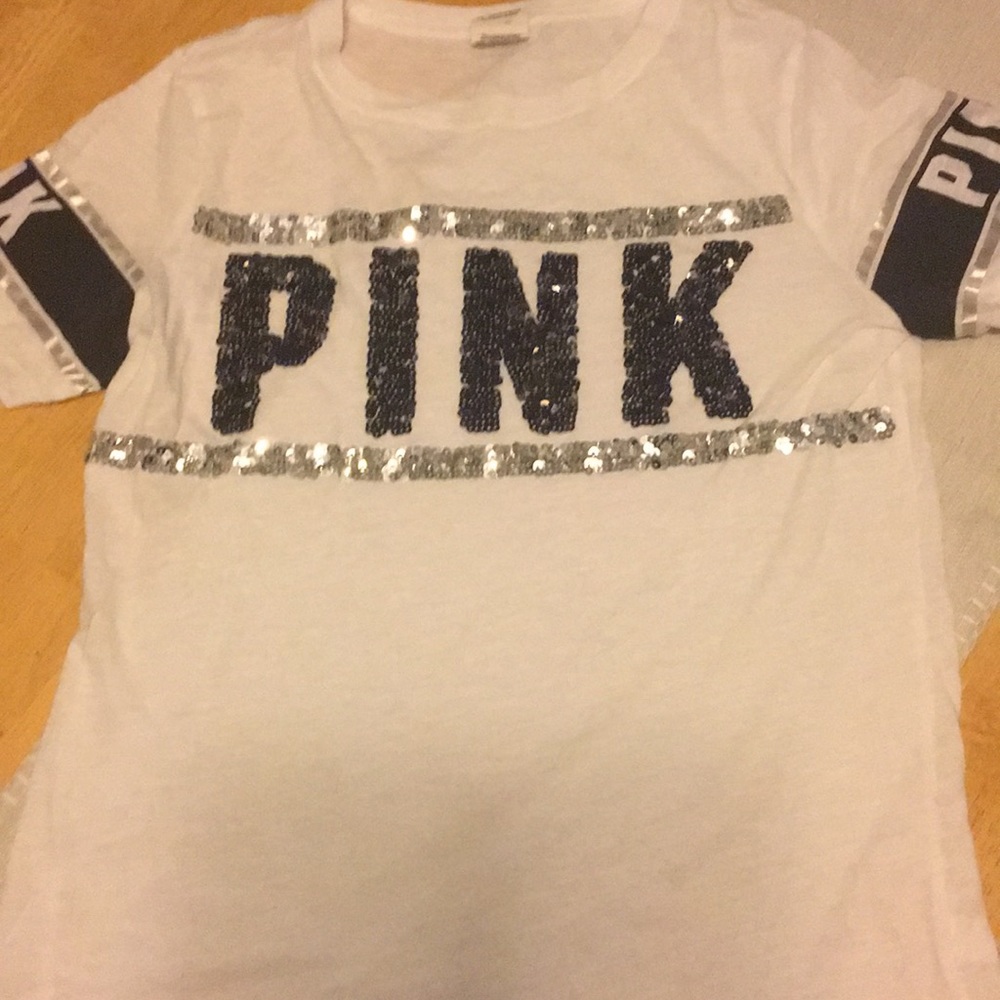 White sequined PINK tee
